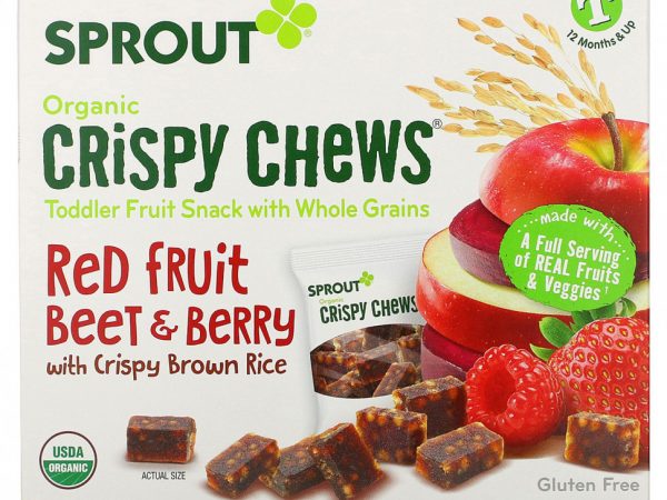 Sprout Organic, Crispy Chews, от 12 месяцев и старше, красные фрукты, свекла и ягоды с хрустящим коричневым рисом, 5 пакетиков по 18 г (0,63 унции)