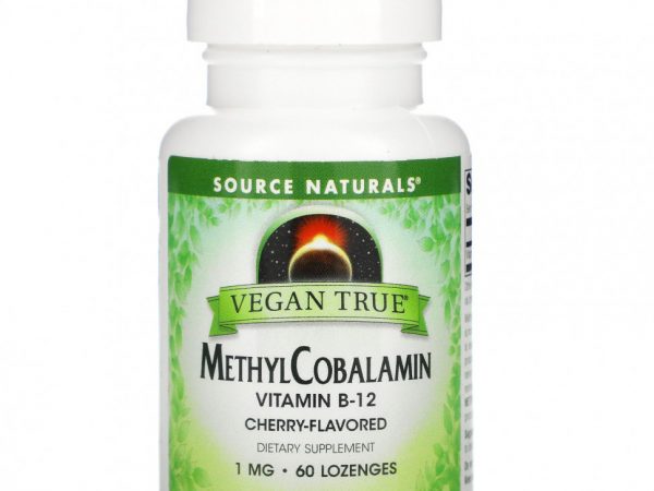 Source Naturals, Vegan True, метилкобаламин и витамин B12, вишня, 1 мг, 60 пастилок