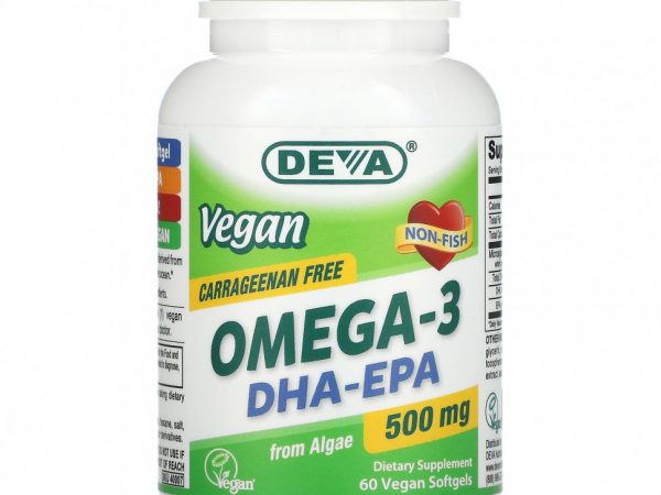 Deva, Веганские омега-3 DHA-EPA, 500 мг, 60 веганских мягких таблеток