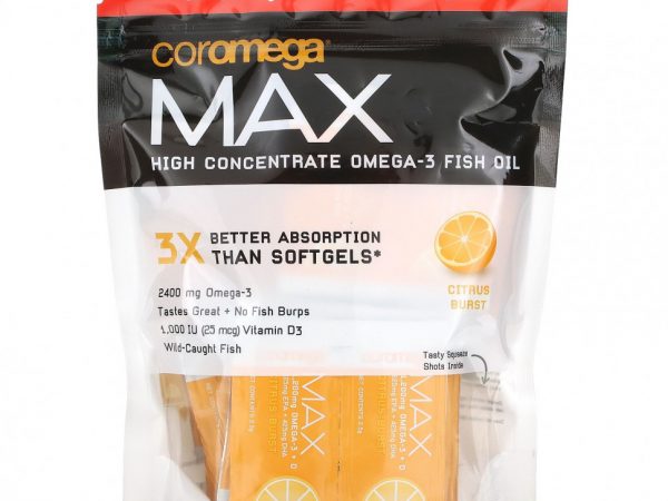 Coromega, Max, Рыбий жир с высоким содержанием омега-3, цитрусовый взрыв, 60 пакетов, (2,5 г) каждый