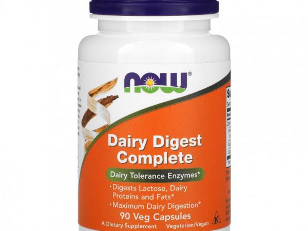 NOW Foods, Dairy Digest Complete, комплекс для усвоения и расщепления молочных продуктов, 90 вегетарианских капсул