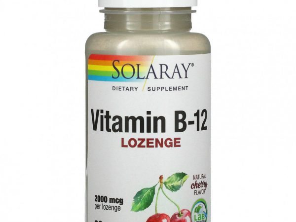 Solaray, витамин B12, пастилки с натуральным ароматизатором «Вишня», 2000 мкг, 90 пастилок