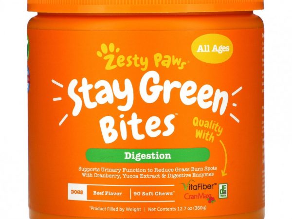 Zesty Paws, Stay Green Bites For Dogs, для пищеварения, для всех возрастов, со вкусом говядины, 90 жевательных таблеток