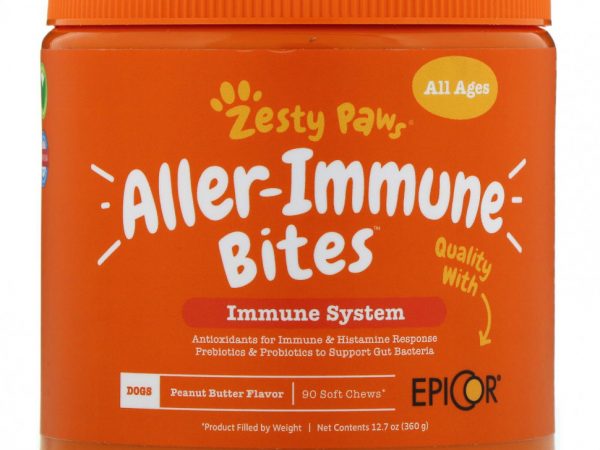 Zesty Paws, Aller-Immune Bites, добавка для собак, с ароматизатором «Арахисовая паста», 90 мягких жевательных таблеток
