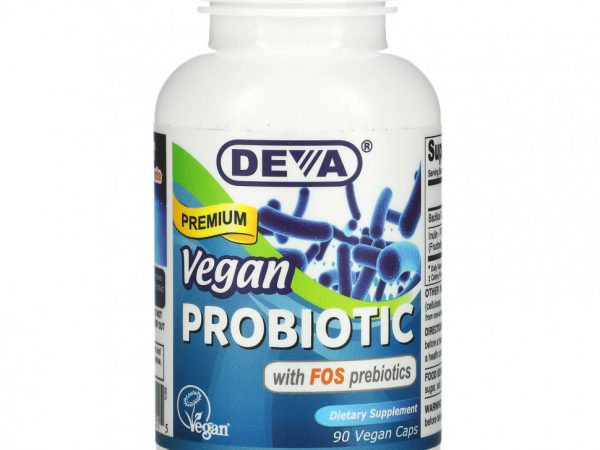 Deva, Веганский пробиотик премиального качества с пребиотиком ФОС, 90 веганских капсул