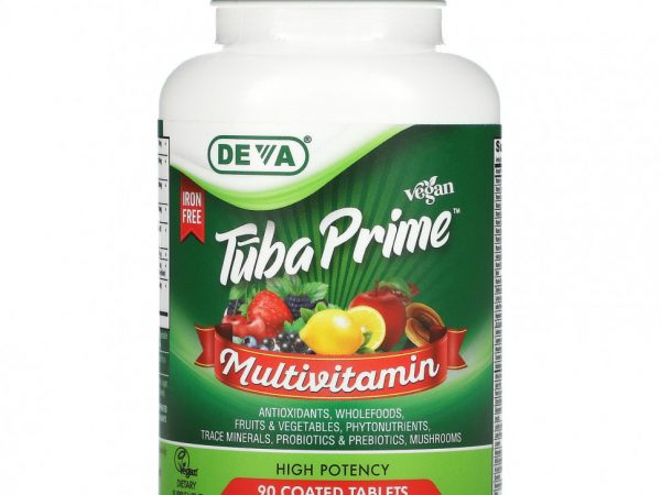 Deva, Tuba Prime, веганский мультивитаминный комплекс, без железа, высокая эффективность, 90 таблеток, покрытых оболочкой