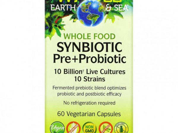 Natural Factors, Whole Earth & Sea, цельнопищевой синбиотик пре + пробиотик, 10 миллиардов, 60 вегетарианских капсул