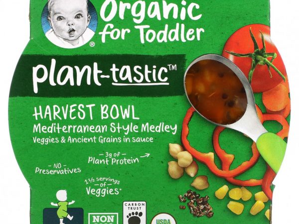 Gerber, Organic, миска для сбора урожая с растительным вкусом, от 12 месяцев, средиземноморское ассорти из овощей и древних злаков в соусе, 128 г (4,5 унции)