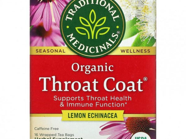 Traditional Medicinals, Organic Throat Coat, лимонная эхинацея, без кофеина, 16 чайных пакетиков в упаковке, 32 г (1,13 унции)