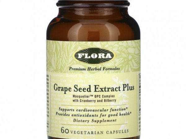Flora, экстракт косточек винограда плюс, 60 вегетарианских капсул