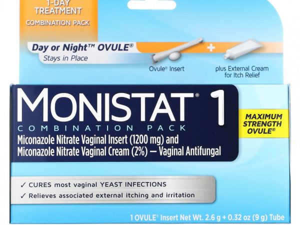 Monistat, Комбинированный пакет для лечения на 1 день, дневная или ночная яйцеклетка, максимальная эффективность, 1 вкладыш для яйцеклетки, трубка 2,6 г + 0,32 унции (9 г)