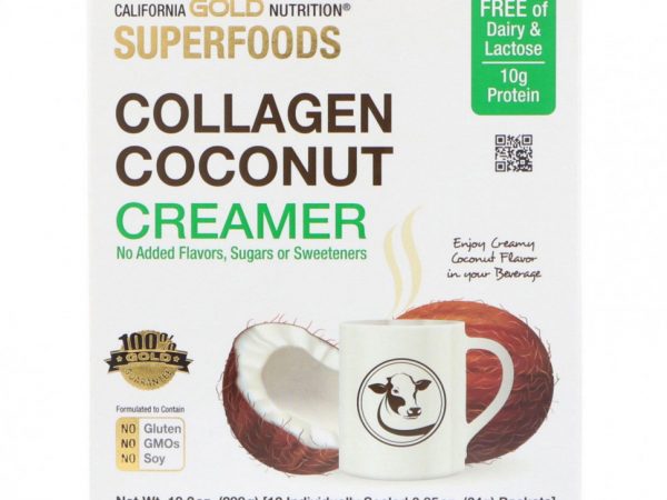 California Gold Nutrition, Superfoods, кокосовые сливки с коллагеном, без подсластителей, 12 пакетиков, 24 г (0,85 унции) каждый