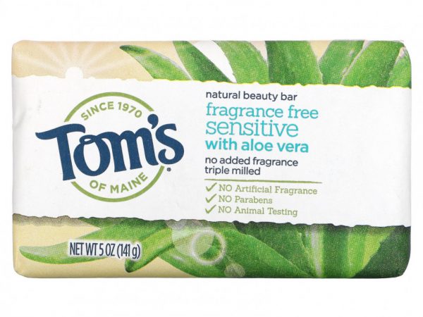 Tom's of Maine, Натуральное мыло для красоты с алоэ вера, без отдушек, для чувствительной кожи, 141 г (5 унций)