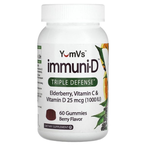 YumVs, бузина, витамины C и D, тройная защита, ягодный вкус, 25 мкг (1000 МЕ), 60 жевательных мармеладок