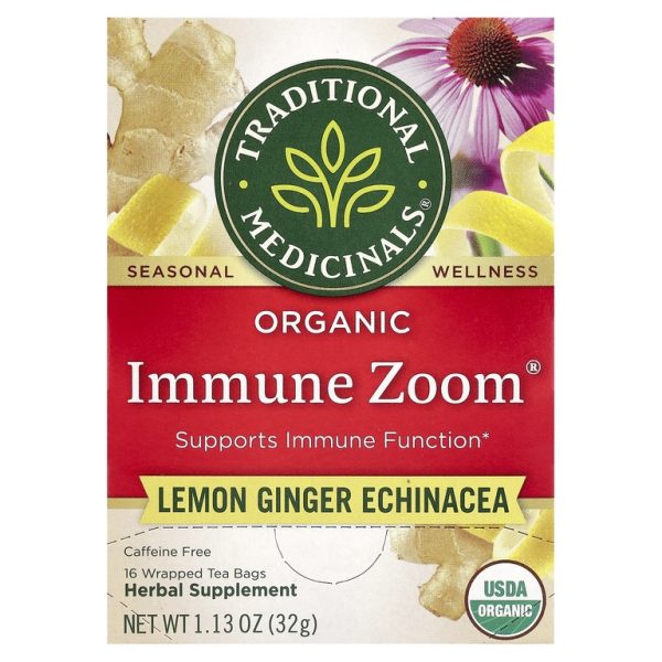Traditional Medicinals, Organic Immune Zoom®, эхинацея с лимоном и имбирем, без кофеина, 16 чайных пакетиков в упаковке, 32 г (1,13 унции)
