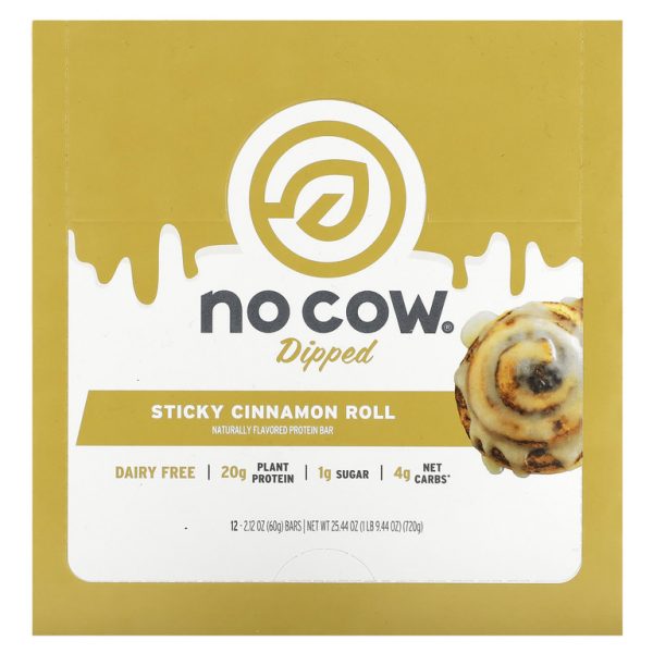 No Cow, Протеиновый батончик, липкая булочка с корицей, 12 батончиков, 60 г (2,12 унции) (Товар снят с продажи)