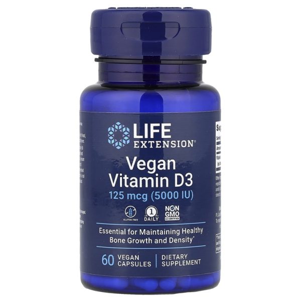 Life Extension, Веганский витамин D3, 125 мкг (5000 МЕ), 60 веганских капсул