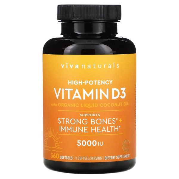 Viva Naturals, витамин D3 с органическим жидким кокосовым маслом, высокоэффективный, 5000 МЕ, 360 мягких таблеток