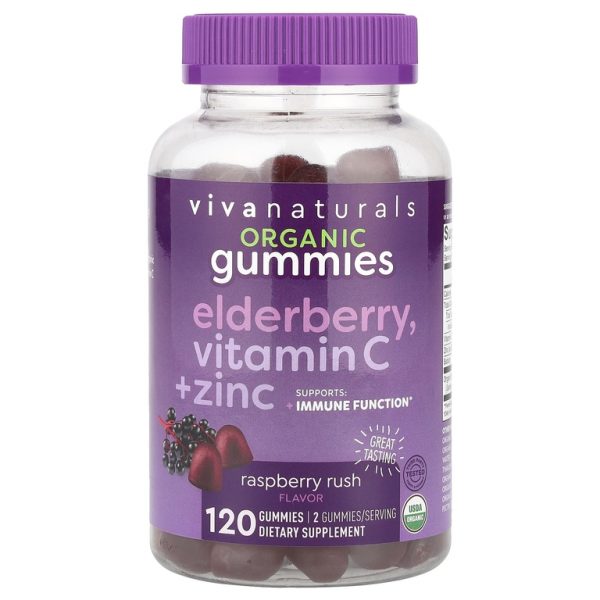 Viva Naturals, Органическая бузина, жевательные мармеладки с витамином С и цинком, малина, 120 жевательных таблеток