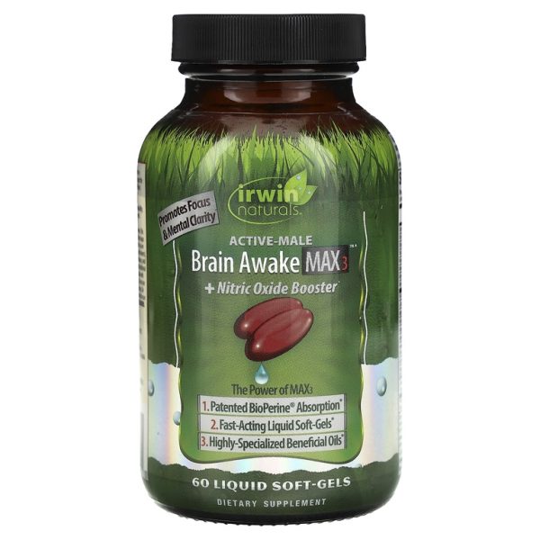 Irwin Naturals, Active-Male, Brain Awake Max 3 с бустером оксида азота, 60 капсул с жидкостью (Товар снят с продажи)