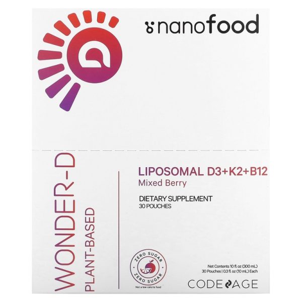 Codeage, Nanofood, липосомальные витамины D3 + K2 + B12, ягодное ассорти, 30 пакетиков по 10 мл (0,3 жидк. унц.)