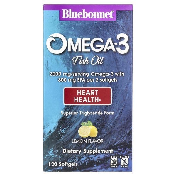 Bluebonnet Nutrition, рыбий жир с омега-3, для здоровья сердца, со вкусом лимона, 120 капсул (1000 мг в каждой)