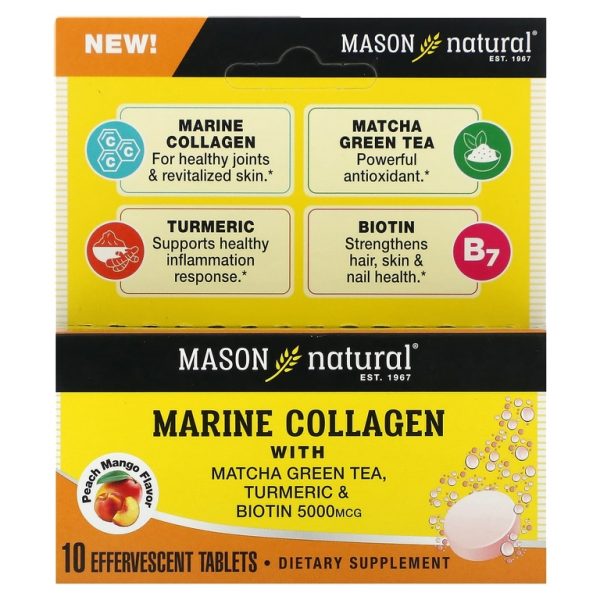 Mason Natural, Морской коллаген с зеленым чаем матча, куркумой и биотином, персиком и манго, 5000 мкг, 10 шипучих таблеток (Товар снят с продажи)