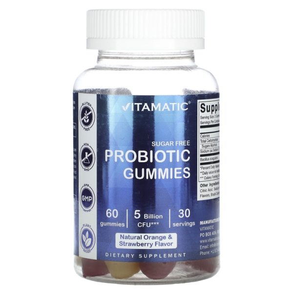 Vitamatic, Жевательные мармеладки с пробиотиками, без сахара, натуральный апельсин и клубника, 60 жевательных таблеток (2,5 млрд КОЕ в 1 жевательной таблетке)