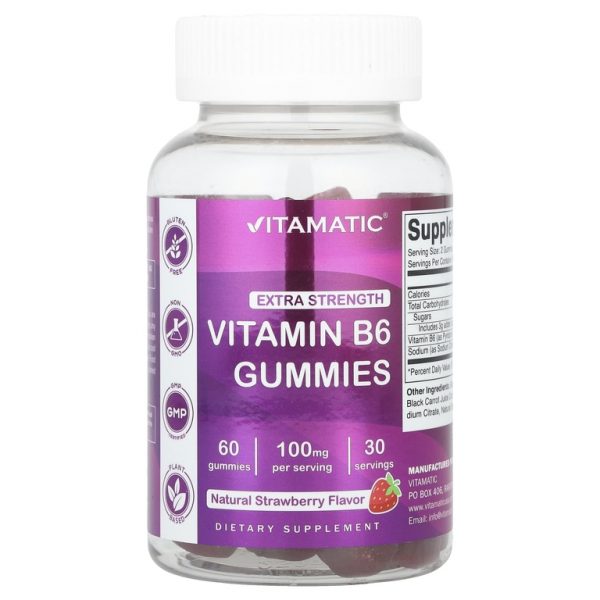 Vitamatic, Витамин B6, усиленная сила действия, натуральная клубника, 100 мг, 60 жевательных таблеток (50 мг в каждой жевательной таблетке)