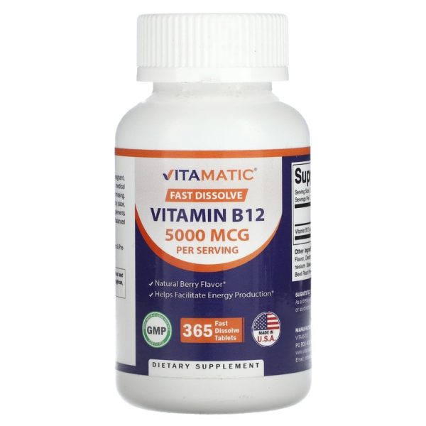 Vitamatic, витамин B12, натуральные ягоды, 5000 мкг, 365 быстрорастворимых таблеток (2500 мкг в 1 таблетке) (Товар снят с продажи)