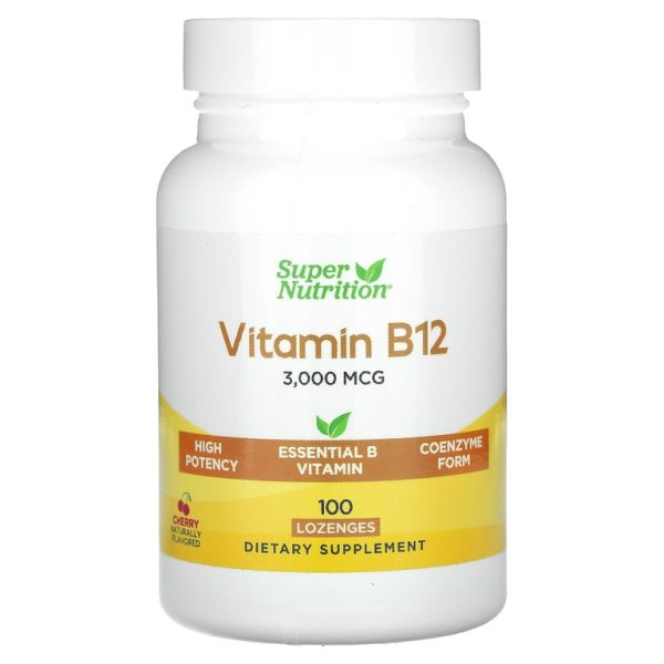 Super Nutrition, витамин B12 в виде метилкобаламина с фолатом, биотином и витамином B6, вишня, 3000 мкг, 100 пастилок
