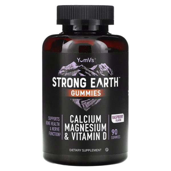 YumVs, Strong Earth, жевательные мармеладки с кальцием, магнием и витамином D, малина, 90 жевательных таблеток
