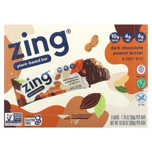 Zing Bars, растительный батончик, темный шоколад с арахисовой пастой в арахисовой пасте, 6 батончиков по 50 г (1,74 унции) (Товар снят с продажи)