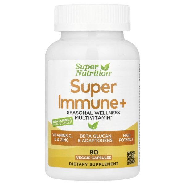 Super Nutrition, Super Immune+, мультивитамины с суперадаптогенами, витаминами C и D, цинком и бета-глюканом, 90 вегетарианских капсул