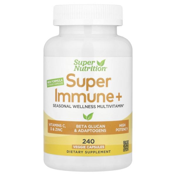 Super Nutrition, Super Immune+, мультивитамины с суперадаптогенами, витаминами C и D, цинком и бета-глюканом, 240 вегетарианских капсул