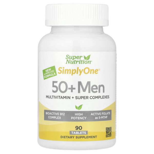 Super Nutrition, Simply One®, мультивитамины для мужчин старше 50 лет, с суперадаптогенами, витамином B12, зеленью, специями и антиоксидантами, 90 таблеток