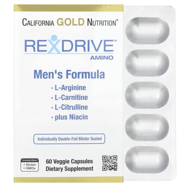 California Gold Nutrition, Rexdrive™ Amino, добавка для мужчин с L-аргинина гидрохлоридом, L-цитруллином, ацетил-L-карнитин аргината дигидрохлоридом и глицин пропионил-L-карнитина гидрохлоридом, 60 растительных капсул