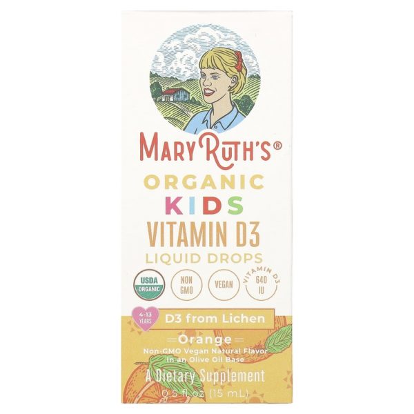 MaryRuth's, Organic Kids Vitamin D3, жидкие капли, для детей от 4 до 13 лет, со вкусом апельсина, 640 МЕ, 15 мл (0,5 жидк. Унции)