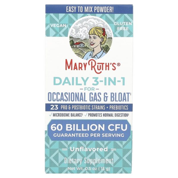 MaryRuth's, средство 3 в 1 для ежедневного приема, от эпизодических газообразования и вздутия живота, без вкусовых добавок, 60 млрд КОЕ, 15 г (0,5 унции) (Товар снят с продажи)