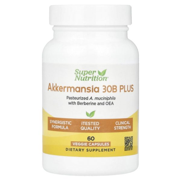 Super Nutrition, Akkermansia 30B PLUS, аккермансия с фосфолипидной матрицей с берберином и олеилэтаноламином, 60 растительных капсул