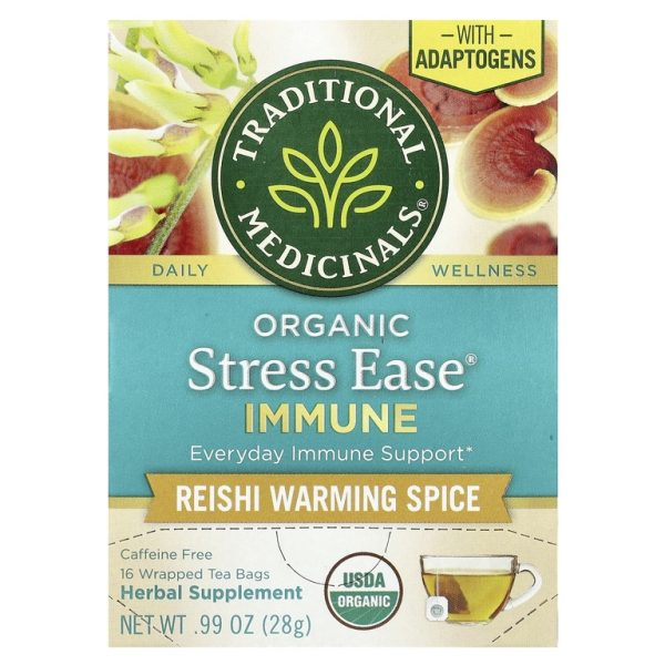 Traditional Medicinals, Organic Stress Ease® Immune, согревающая приправа с грибами рейши, без кофеина, 16 чайных пакетиков в упаковке, 28 г (0,99 унции)
