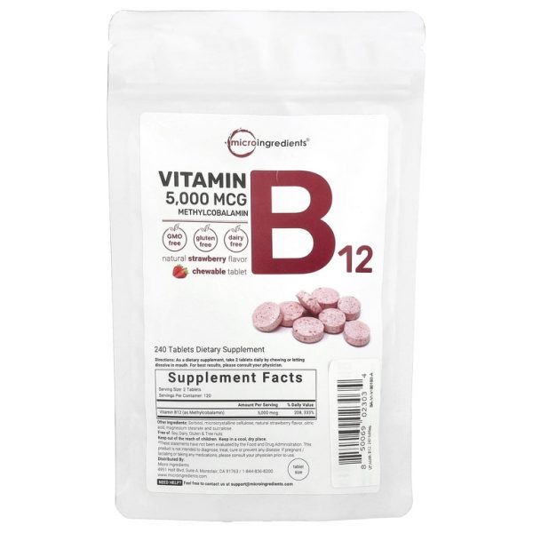 Micro Ingredients, Витамин B12, метилкобаламин, клубника, 240 жевательных таблеток (2500 мкг в одной таблетке)