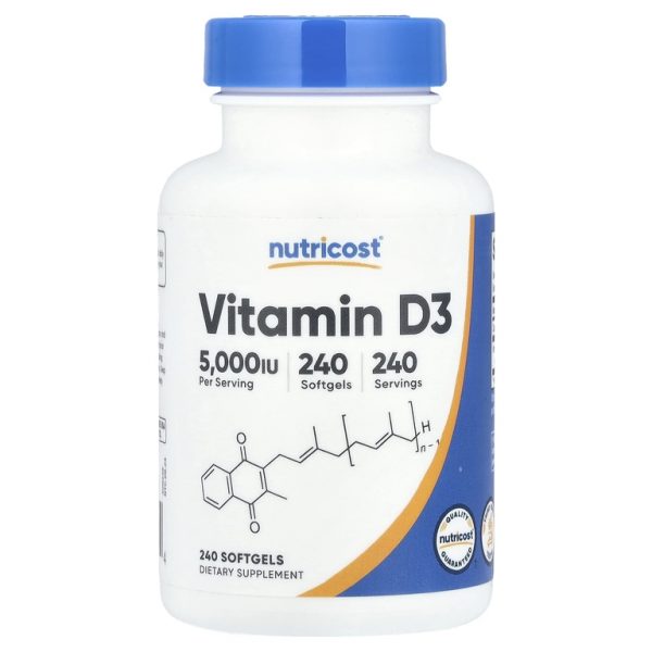 Nutricost, Витамин D3, 125 мкг (5000 МЕ), 240 мягких таблеток