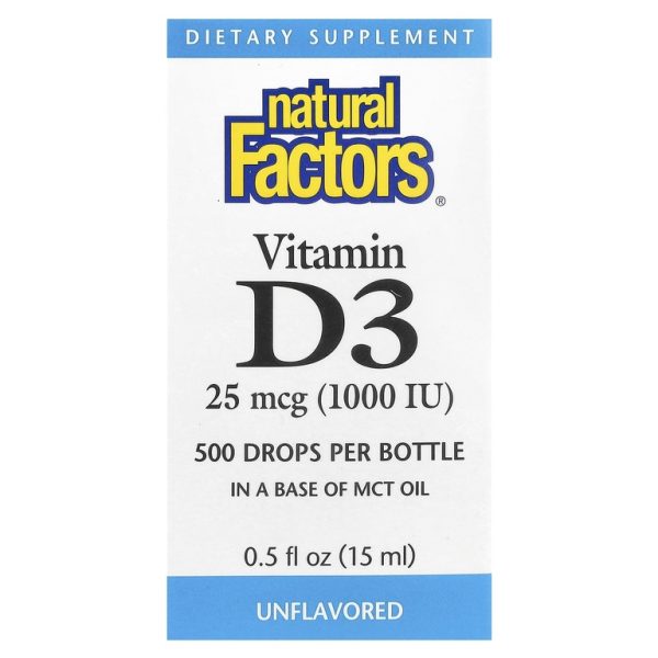 Natural Factors, Витамин D3 в каплях, без ароматизаторов, 25 мкг (1000 МЕ), 15 мл (0,5 жидкой унции)