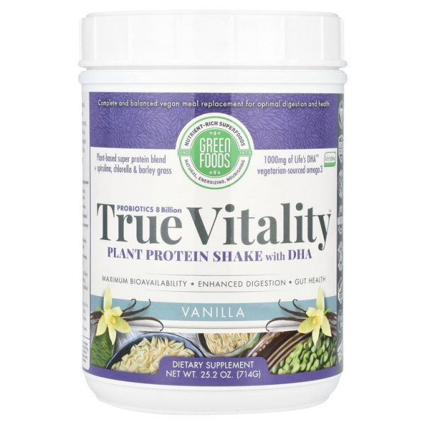 Green Foods, True Vitality, растительный протеиновый коктейль с ДГК, ваниль, 714 г (25,2 унции)
