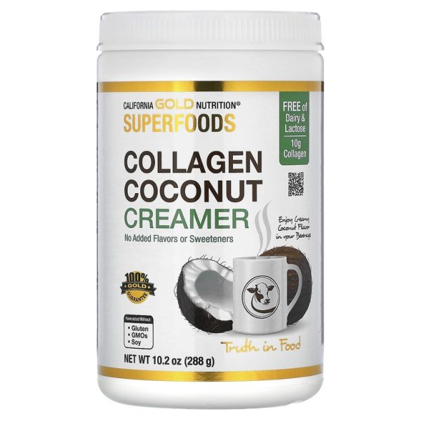 California Gold Nutrition, Superfoods, кокосовые сливки с коллагеном, порошком из органического сухого кокосового молока, пептидами гидролизованного коллагена, органическим тапиоковым мальтодекстрином и экстрактом бамбука, без подсластителей, 288 г (10,2