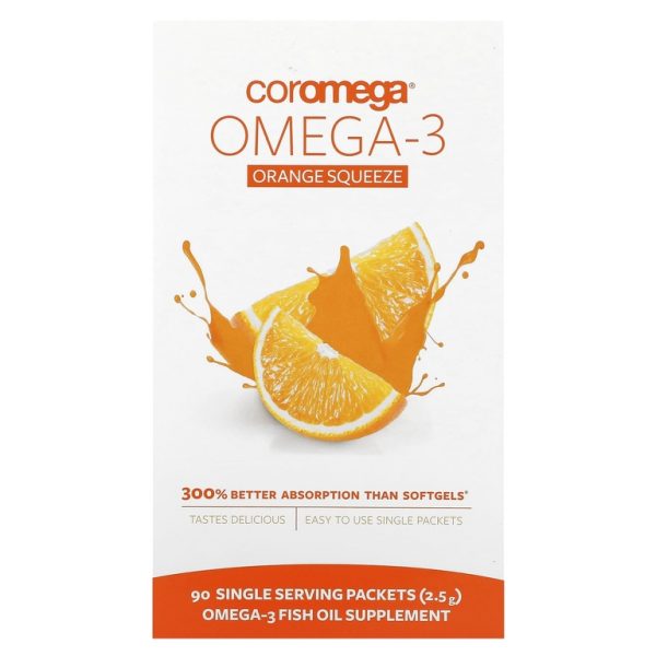 Coromega, Омега-3, апельсиновый сок, 650 мг, 90 порционных пакетиков, по 2,5 г