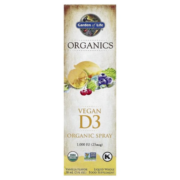 Garden of Life, MyKind Organics, веганский спрей с витамином D3, ваниль, 25 мкг (1000 МЕ), 58 мл (2 жидк. унц.)