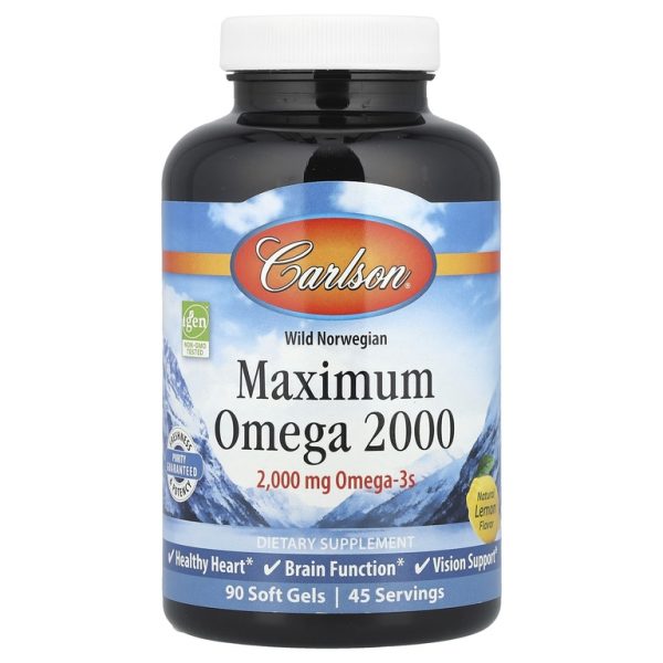 Carlson, Maximum Omega 2000, омега-3 кислоты из норвежской рыбы дикого улова, с натуральным лимонным вкусом, 2000 мг, 90 капсул (1000 мг в 1 капсуле)