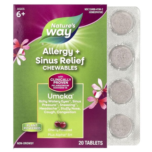 Nature's Way, Umcka®, жевательные таблетки для снятия аллергии и синусита, для детей от 6 лет, вишня, 20 таблеток